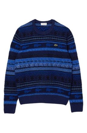 Lacoste Pattern Stripe Wool Blend Sweater in Uib Cobalt/Multico at Nordstrom, Size 8