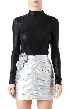 Grey Lab Shiny Mock Neck Top in Black at Nordstrom, Size X-Small