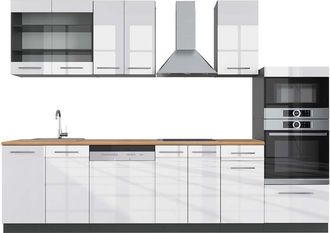 Vicco Mueble De Cocina Fame-line, Blanco Brillo/antracita, 300 Cm Con Armario Alto, Et Roble