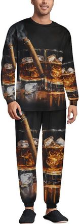 Generic Cigar Whiskey Wine Mens Pajamas Set 2 Piece Long Sleeve Sleepwear Crew Neck Loungewear Top And Bottom