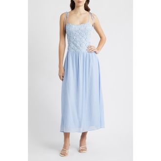 Moon River Floral Appliqu&eacute; Tie Shoulder Midi Dress in Blue at Nordstrom, Size X-Large