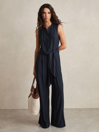Reiss Navy Petite Wide-leg Belted Jumpsuit, 18