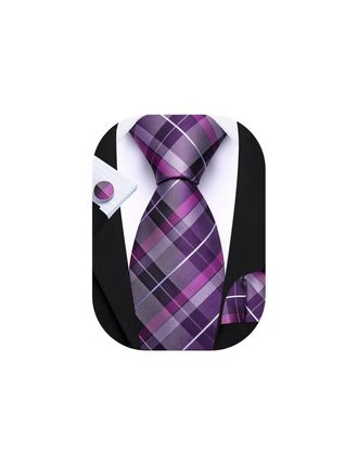 Barry.Wang Mens Purple Ties Plaid Striped Extra Long Necktie Silk Pocket Square Cufflinks Wedding Formal