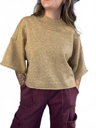 Merci Morgan Mock Neck Short Sleeve Cropped Sweater Top In Mocha Mousse