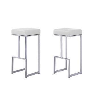 Best Master Furniture Dorrington Modern Faux Leather Backless Bar Stool in White/Silver (Set of 2)