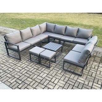 Fimous 11 Seater Patio Outdoor Garden Furniture Aluminium Lounge Corner Sofa Set with Square Coffee Table with 2 Small Footstools Dark Grey - Fimous