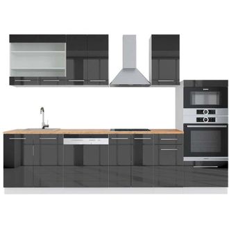 Vicco Cucina componibile Fame-Line, Antracite lucido/bianco, 300 cm con armadio alto, pl Rovere