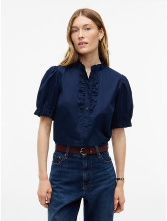 Tommy Hilfiger Womens Ruffle Trim Poplin Shirt - Carbon Navy - XL