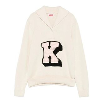 Kenzo V-neck Knitwear, female, Beige, Size: M Badges Pullover