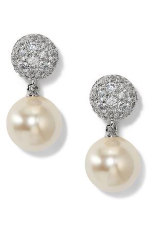 Nadri Pav&eacute; Stone and Imitation Pearl Double Drop Earrings in Rhodium at Nordstrom