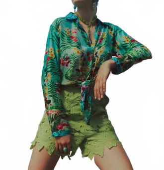 America & Beyond Floral Lace Shorts In Neon Green