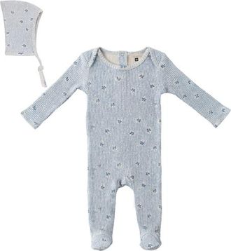 Fragile Boy Floral Print Rib Romper with Bonnet in Blue at Nordstrom, Size 3M