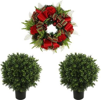 Creative Displays Inc. Holiday Set With 26In Christmas Wreath & 2 Uv-Rated Boxwood Topiary Drop-Ins