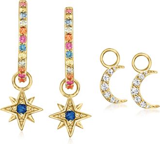 Ross-Simons Multicolored Sapphire and. White Zircon Celestial Hoop Drop Earrings in 18kt Gold Over Sterling
