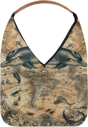 Generic Vintage Map Dolphin Reusable Lightweight Grocery Bags - Foldable Into Compact Pouch, Washable & Sturdy, Multipurpose for Shopping and Travel