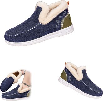 Generic Womens Winter Plush Lined Flat Shoes, Winter Flat Fluffy Ankle Snow Boots,Loafer Casual Outdoor Plush Short,Warm Faux Fur Lined Anti-Slip Slip on (Blu