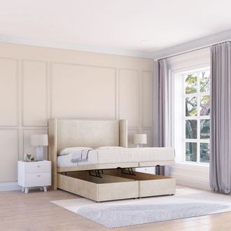 Sloomy Devonshire Plush Fabric Ottoman Bed End Opening With Sprung Memory Mattress & 54 Inch Floorstanding Headboard With Wings | Size: Single