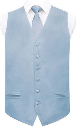 DQT Plain Satin Wedding Waistcoat Vest & Classic Neck Tie Set for Men, Dusty Blue, 5XL