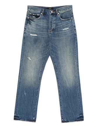 Purple five-pocket blue jeans