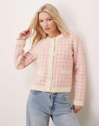 Vero Moda boucle plaid knit cardigan in cream and raspberry-pink
