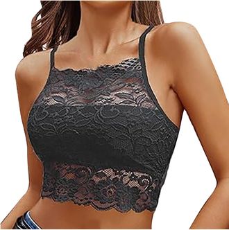 Generic Lace Bralette for Women Y2K High Neck Camisoles Racerback Double-Layered Crop Top Ladies Spaghetti Strap Tank Top Gray