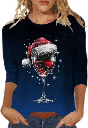 Generic 2025 Long Sleeve T Shirt Womens Blouse Loose Tunic Womens Fashion Casual Christmas Printed Round Neck Three Quarter Sleeve Top T Shirt Christmas Blous