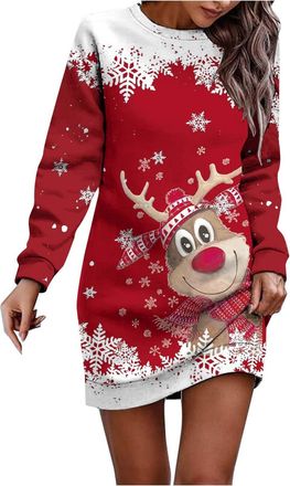 Generic Womens Oversized Sweatshirt Dress Long Sleeve Crew Neck Christmas Sparkle Dress Xmas Wine Glass Printed Dresses Long Tops to Wear with Leggings Going 