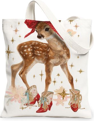 Generic Cute Fawn Canvas Tote Bags, Adorable Animal Design Reusable Shopping Bags, Winter Floral Chic Lightweight Washable Shoulder, White, 13x15 Inch