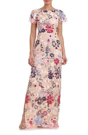 JS Collections Magnolia Floral Embroidery Gown in Rose Gold Multi at Nordstrom Rack, Size 2