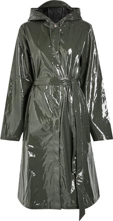 Rains Belted Hooded Longline Waterproof Jacket - Dark Green - S (UK8-10 / S)