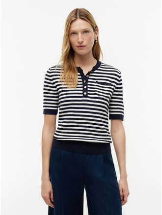 Tommy Hilfiger Womens Gold-Button Striped Henley Sweater - Navy Blue / Ivory Stripe - XL