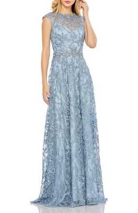 Mac Duggal Womens Lace Embellished Cap Sleeve Formal Gown in Slate Blue at Nordstrom, Size 14