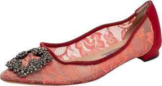 Manolo Blahnik Red Lace And Satin Hangisi Ballet Flats