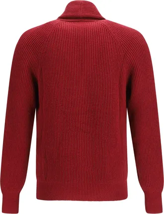 Brunello Cucinelli Mens Ribbed Cardigan Ciliegia Cotton Sweater