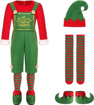Generic Christmas Elf Costume for Men UK 4Pcs Set with Green Red Romper Jumpsuit Hat Shoe Covers and Stockings Mr Santas Helper Full Outfit for Xmas Parties H