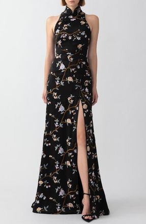 Sau Lee Ariana Floral Embroidered Gown in Black at Nordstrom, Size 12