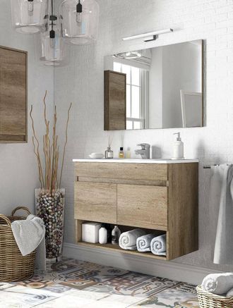 Dmora Dmora - Armario Bajo Encimera Shreveport, Mueble De Ba&ntilde;o De 2 Puertas, Mueble Suspendido Con Repisa Y Espejo, Lavabo No Incluido, Cm 80x45h64, Roble, 