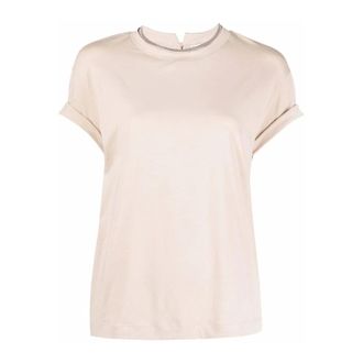 Brunello Cucinelli Brunello Cucinelli, T-Shirts, female, Beige, Size: S Embellished Neck T-Shirt