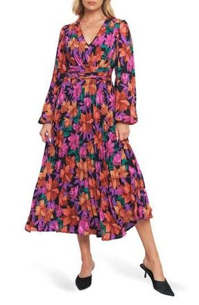 Flying Tomato Floral Billowy Sleeve Midi Dress in Black/Red Multi at Nordstrom Rack, Size Medium