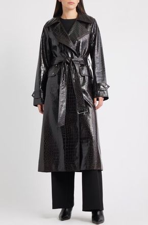 Bernardo Croc Embossed Faux Leather Trench Coat in Brown at Nordstrom, Size Xx-Large