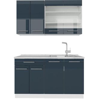 Vicco Cocina para solteros Fame-Line, Azul oscuro alto brillo/blanco, 140 cm sin encimera