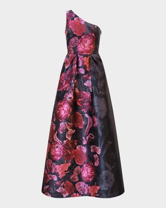 Kay Unger Dianna One-Shoulder Pleated Mikado Gown