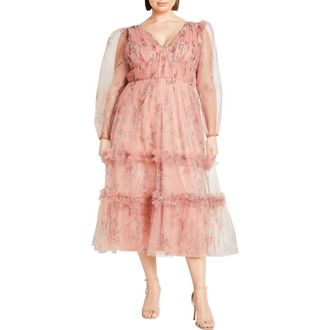 City Chic Kitty Long Sleeve Tulle Maxi Dress in Posie Floral Black at Nordstrom Rack, Size L/20W