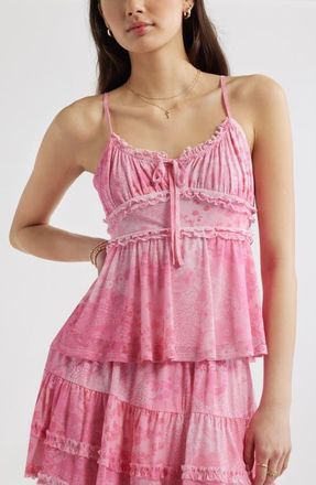 BP. Floral Mesh Ruffle Trim Camisole in Pink Flora Paisley at Nordstrom, Size Xx-Large