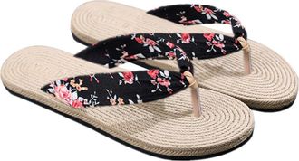 Supvox Womens Flat Flip-Flops Summer Beach Sandals Printed Imitation Straw Upper, Casual Black Floral Slip-On Slippers Size 41 for Outdoor and Indoor Use