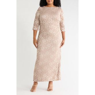 Jessica Howard Lace Long Sleeve Gown in Champagne at Nordstrom, Size 14W