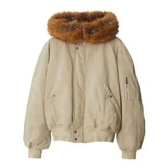 Burberry Natural Faux Fur Trim Cotton Bomber Jacket, Size Medium