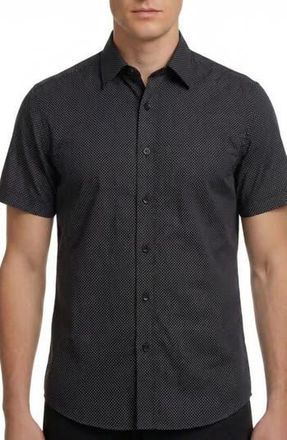 Report Collection Geo Print Short Sleeve Stretch Button-Up Shirt in Black at Nordstrom Rack, Size Xx-Large