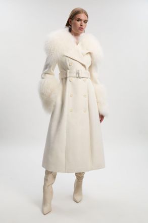 Karen Millen Womens Brushed Wool & Shearling Tailored Double Breasted Belted Midi Coat - White - Size 14 UK