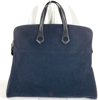 Herm&egrave;s Black Navy Canvas Leather Boston Bag Handbag Tote Bag (Pre-Owned)